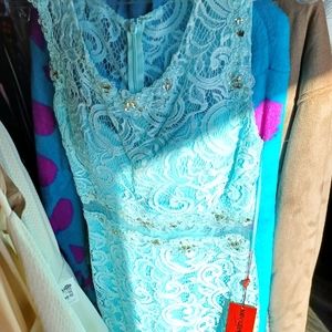 Turquoise lace sleeveless mini prom dress size m (8)